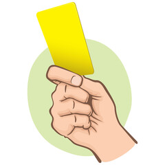 Illustration of Caucasian person, hand holding a yellow card. Ideal for sports catalogs, informative and institutional guides