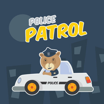 a bear policeman patrol with police car in the city at night cartoon vector illustration