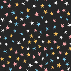 Colorful seamless pattern with stars. White, blue, pink, orange, black color. Cartoon.