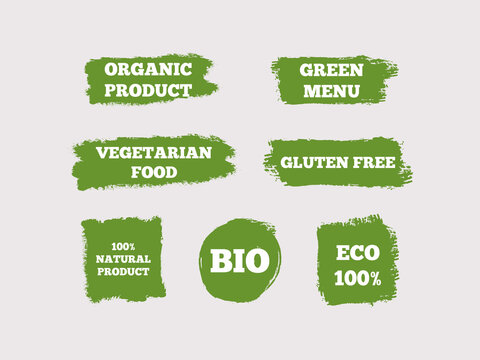 Organic Product, Green Menu, Vegetarian Food, Gluten Free, 100% Natural, Bio, Eco. Set Of Green Logos. Seven Isolated Stickers. Sketch, Grunge, Graffiti.