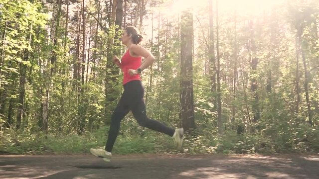 attractive girl goes in for sports in the woods. young woman Jogging in the Park at sunset. slow motion