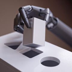 Robotic Hand and Shape Sorting Toy. Machine Learning and Recognition Concept 3d Illustration