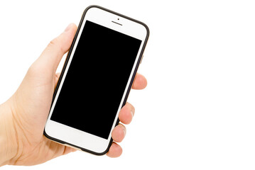 Telefon w ręce  ekran czarny pusty wyświetlacz do wrzucenia zawartości izolowane białe tło - obrazy, fototapety, plakaty