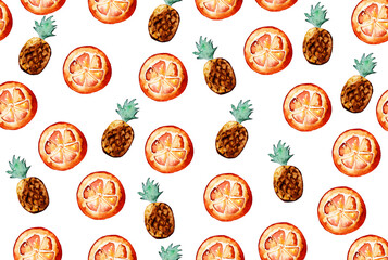 Beautiful pattern with hand drawn elements - cute pineapples and orange slices watercolor on white isolated background. Illustration.