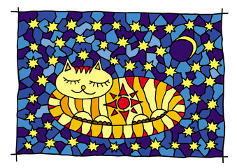 A sleeping cat under the stars. Drawing