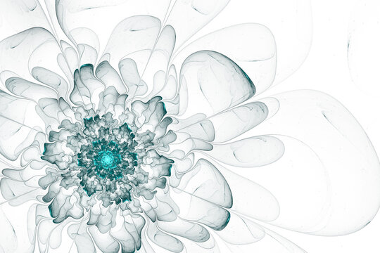 beautiful white background with blue fractal flower painted with watercolors
