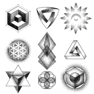 Set of impossible and other tattoo shapes, dotwork, blackwork all made of dots. Geometrical, sacred figures stars and cubes