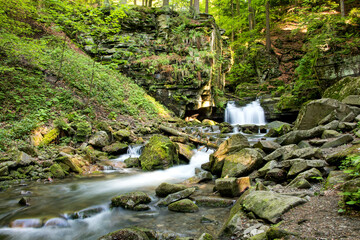 Fototapeta premium Górski wodospad w leśnej scenerii.