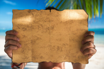 Vintage map and tropical island, travel concept