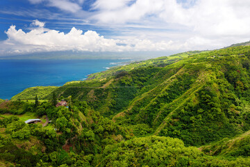 Fototapeta na wymiar Stunning landscape view seen from Waihee Ridge Trail, overlooking Kahului and Haleakala, Maui, Hawaii