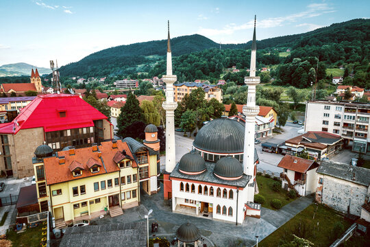 Mosque in Zepce, Bosnia. Aerial.
