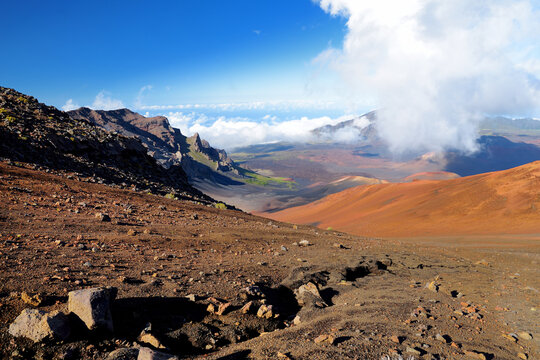 Stunning landscape of Haleakala volcano crater seen from the Sliding Sands trail, Maui, Hawaii