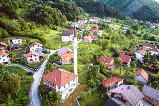 Mosque in Zepce, Bosnia. Aerial.