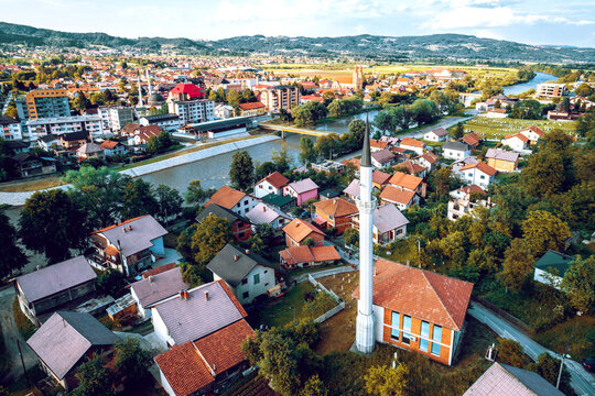 Mosque in Zepce, Bosnia. Aerial.