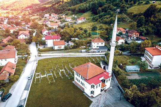 Mosque in Golubinja, Zepce, Bosnia. Aerial.