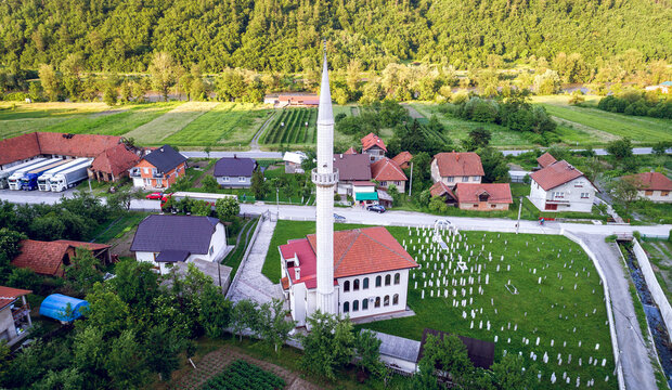 Mosque in Golubinja, Zepce, Bosnia. Aerial.