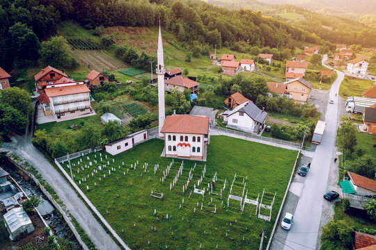 Mosque in Golubinja, Zepce, Bosnia. Aerial.