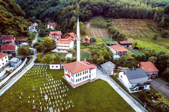 Mosque in Golubinja, Zepce, Bosnia. Aerial.