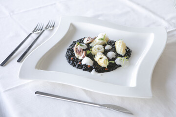 ink, black, dinner, cuttlefish, rice, risotto, restaurant, food, healthy, meal, seafood