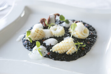 ink, black, dinner, cuttlefish, rice, risotto, restaurant, food, healthy, meal, seafood
