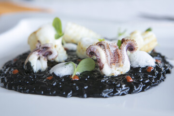 ink, black, dinner, cuttlefish, rice, risotto, restaurant, food, healthy, meal, seafood