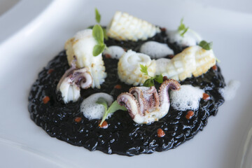 ink, black, dinner, cuttlefish, rice, risotto, restaurant, food, healthy, meal, seafood