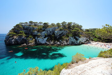 Main view of "Macarelleta" beach, one of the most beautiful spots in Menorca, Balearic Islands, Spain.