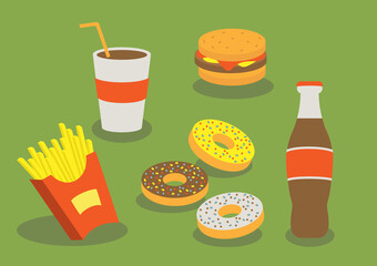 Set of colorful cartoon fast food icons (potato, burger, donuts, soda takeaway). Fast food menu. Vector illustration.