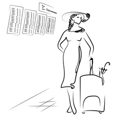 The girl is standing in the airport hall with a suitcase on the background of the departure board. Monochrome. Vector.