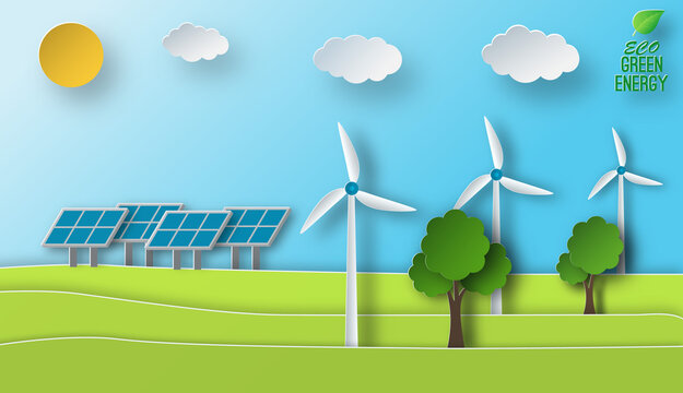 Paper art of a solar and wind green energy sources concept. Environment issues.