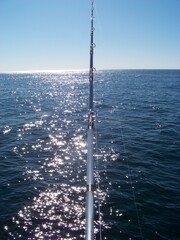 Fishing Pole Against Sun Reflecting on Ocean