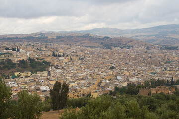 Fototapeta na wymiar Panorama of the Medina of Fez on a cloudy day