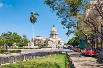 Street scene with a view of the Capitol building in downtown Havana