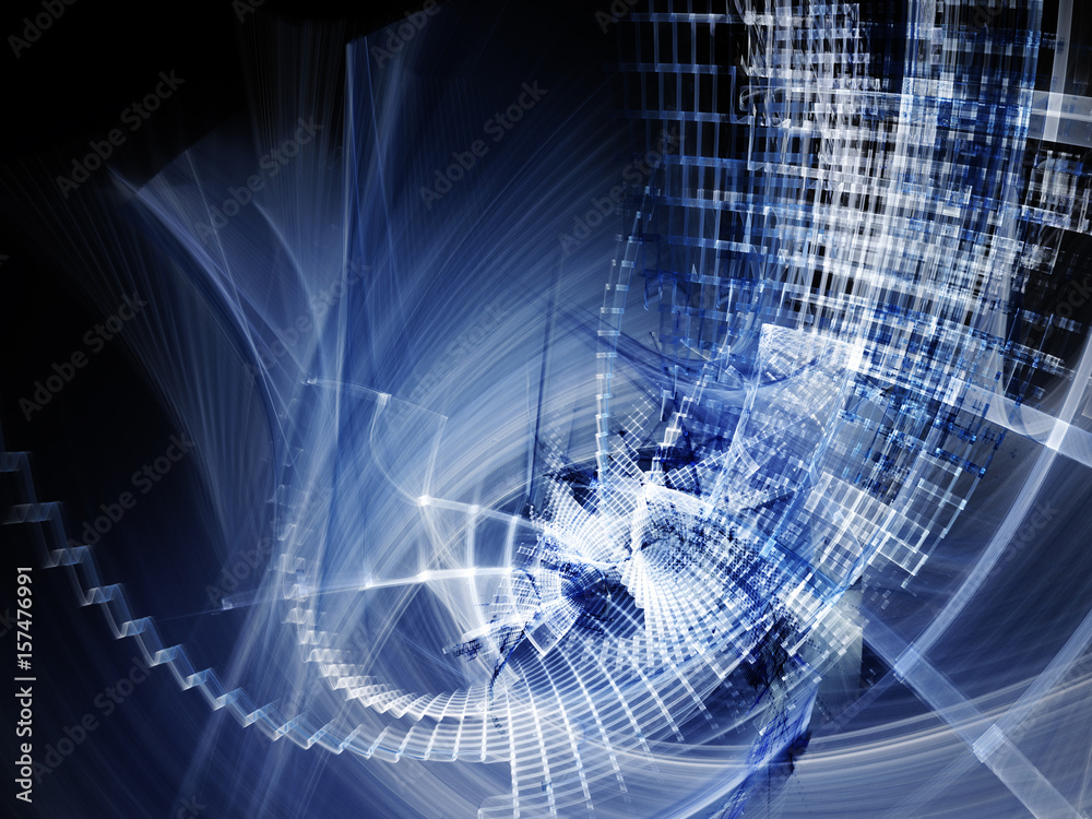 Fototapete abstract computer graphics background. composition of grids, curves and motion blur. blue and black 