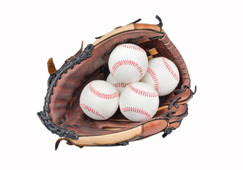 Baseball Glove with Four Baseballs isolated on white background.