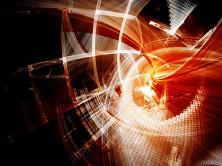 Abstract computer graphics background. Composition of grids, curves and motion blur. Red and black colors.