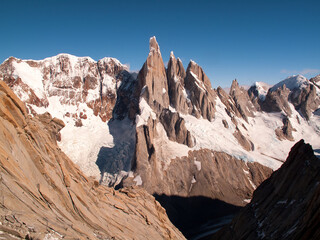 Cerro Torre mountains seen from a rock climbing route