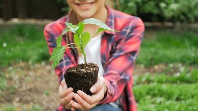 Slow motion video of smiling girl holding pepper seedling in hands