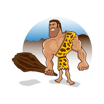 angry caveman holds a wooden club with big and strong muscles