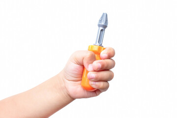 Little hand holding a Toy Screwdriver, isolated on a white background