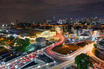 high view of city and blur traffic light in night time