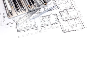 graphical plan of modern apartment with designers drawing tools