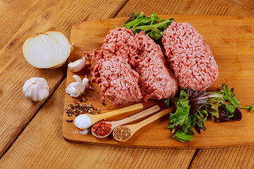 Fresh raw home-made minced beef steak burger with spices,