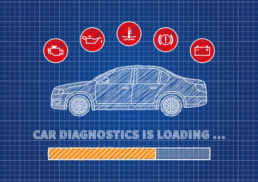 Car diagnostics loading bar vector illustration. Car technical maintenance concept with warning signs (check engine, oil pressure, generator, coolant level, brake system).
