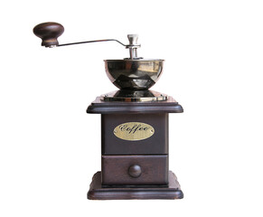 classic coffee grinder in wooden isolated on white background
