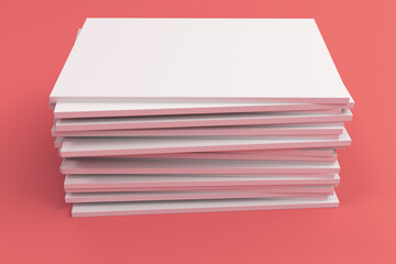 Stack of blank white closed brochure mock-up on red background
