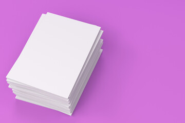 Stack of blank white closed brochure mock-up on violet background