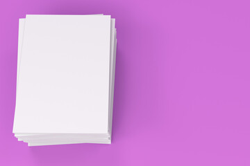 Stack of blank white closed brochure mock-up on violet background