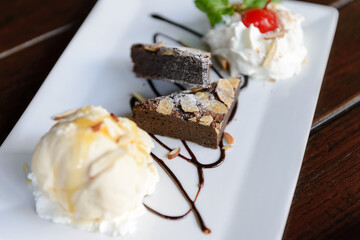 Chocolate Brownie with Vanilla Ice Cream and Whipped Cream