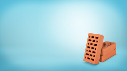 3d rendering of a three hollow red bricks placed on a blue background with one of them leaning on two others.